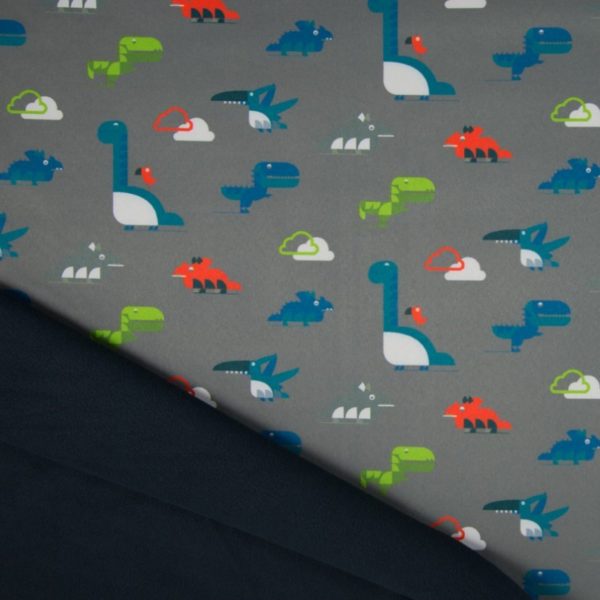 Tela softshell de dinosaurios fondo gris y reverso negro