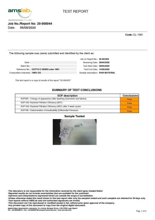 Certificado homologación UNE-0065 tela hidrofugada protección contra el COVID19 algodón orgánico
