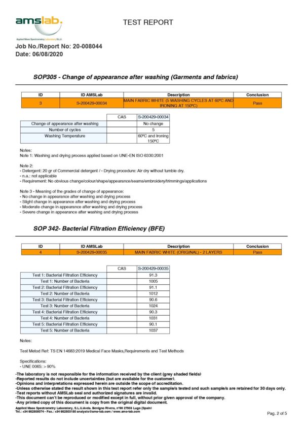 Certificado homologación UNE-0065 tela hidrofugada protección contra el COVID19 algodón orgánico