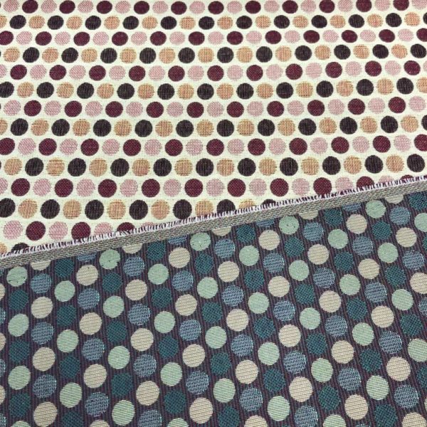 Tela de tapicería gobelino estampado con topos granates