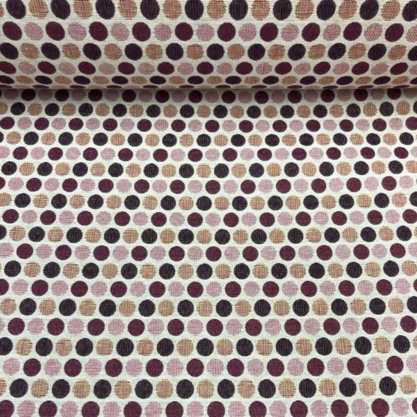 Tela de tapicería gobelino estampado con topos granates