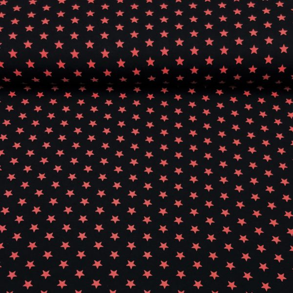 Tela de punto de camiseta de algodón orgánico tipo Jersey estampado estrellas coral fondo negro