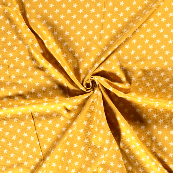 Tela de muselina de algodón 100x100 con estrellas blancas fondo amarillo