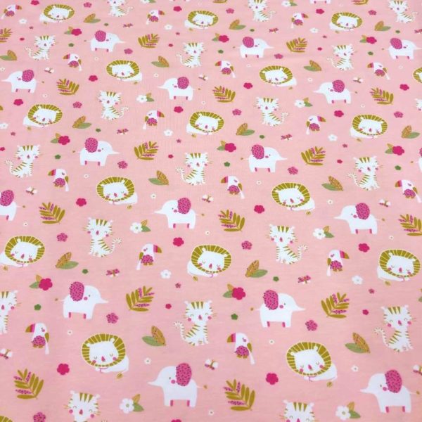 Punto de camiseta de algodón estampado leones, tigres, elefantes y loros fondo rosa