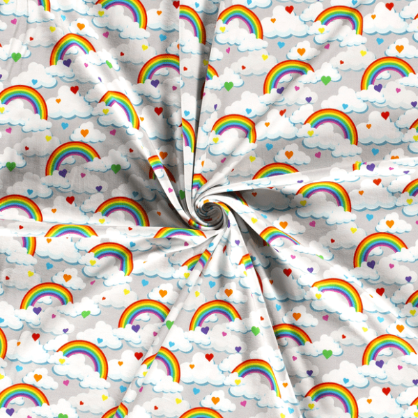 Punto de camiseta de algodón estampado arcoíris y nubes fondo gris