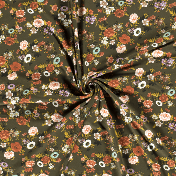 Tela de punto de camiseta de algodón orgánico tipo Jersey estampado flores fondo caqui