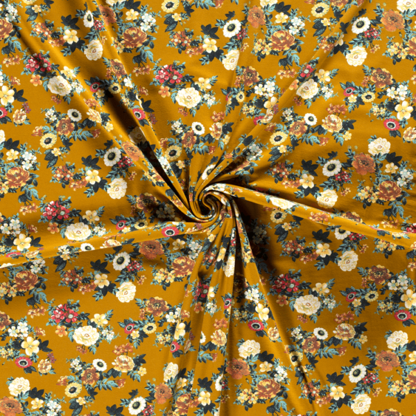 Tela de punto de camiseta de algodón orgánico tipo Jersey estampado flores fondo ocre
