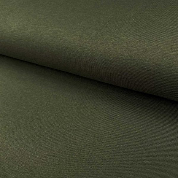Tela de bambú con algodón tipo punto de camiseta lisa color verde caqui