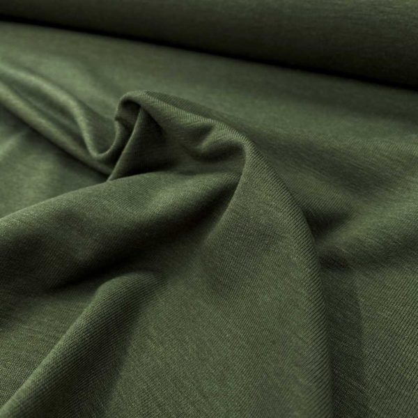 Tela de bambú con algodón tipo punto de camiseta lisa color verde caqui