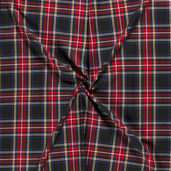 Tela de cuadro escocés mezcla de poliéster y viscosa con cuadros en color rojo y negro