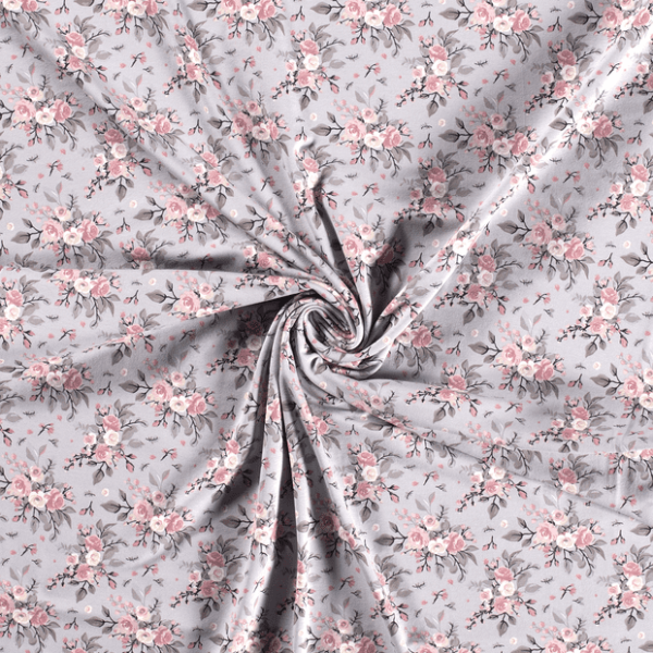 Punto de algodón tipo jersey estampado con ramilletes de rosas fondo gris claro