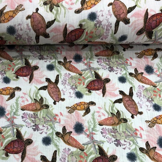 Tela de mauselina de algodón 100x100 con estampado digital con tortugas