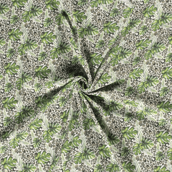 Tela de muselina de algodón 100x100 con estampado digital de hojas de monstera