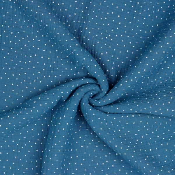 Tela de muselina de algodón con estampado con puntitos con fondo azul