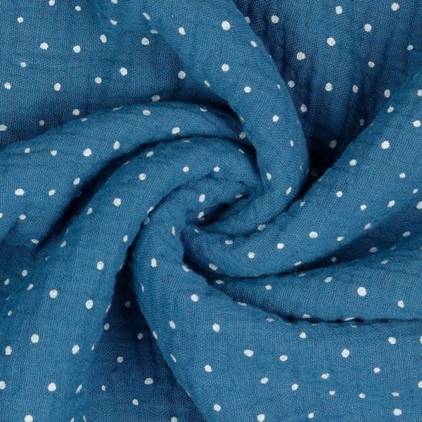 Tela de muselina de algodón con estampado con puntitos con fondo azul