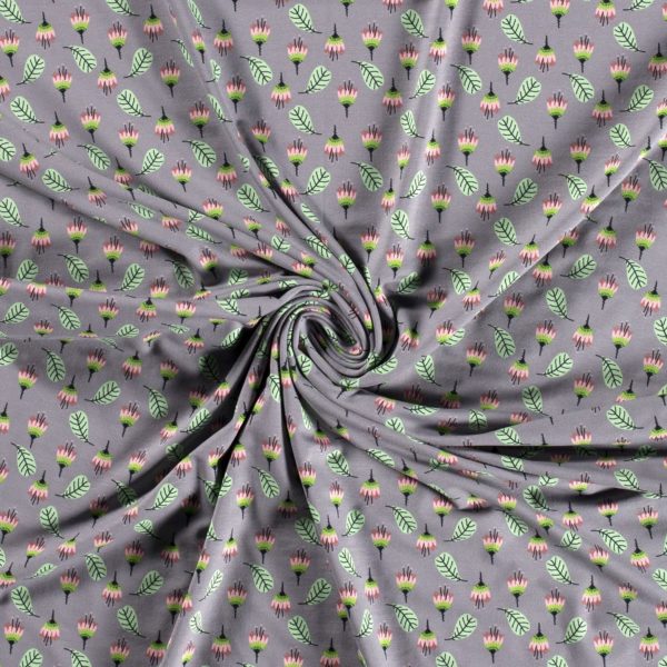 Punto de algodón tipo jersey estampado con flor de campanilla fondo gris