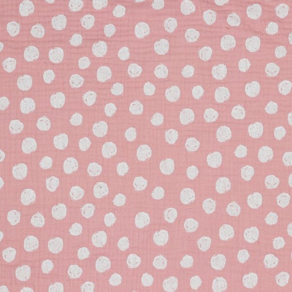 Tela de muselina de algodón GOTS con estampado de puntos dots rosa