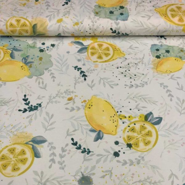 Mantelería antimanchas de poliéster estampado de limones