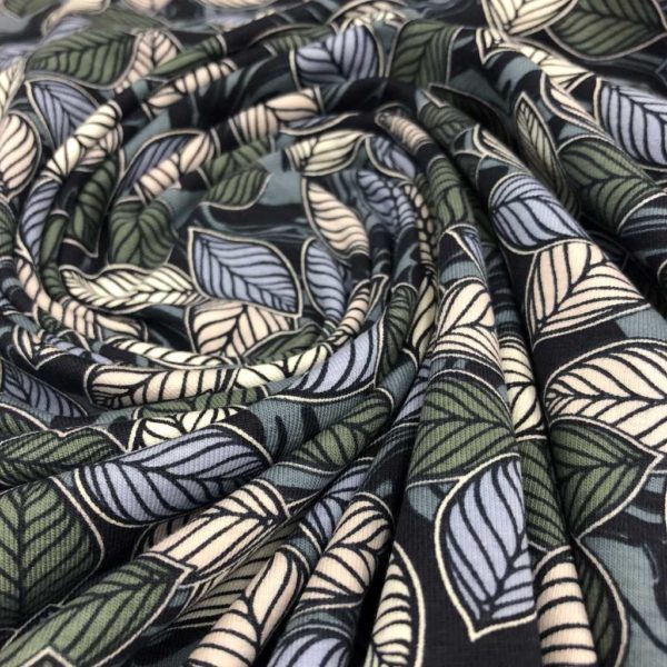 Punto de camiseta de algodón estampada con hojas de árbol tonos azules