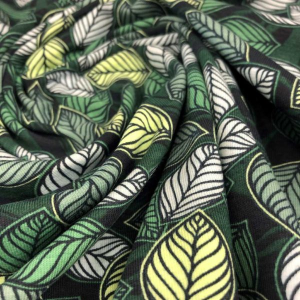 Punto de camiseta de algodón estampada con hojas de árbol tonos verdes