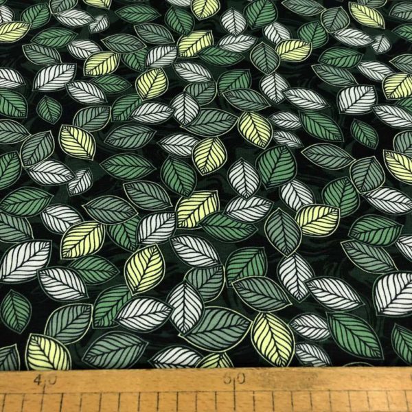 Punto de camiseta de algodón estampada con hojas de árbol tonos verdes