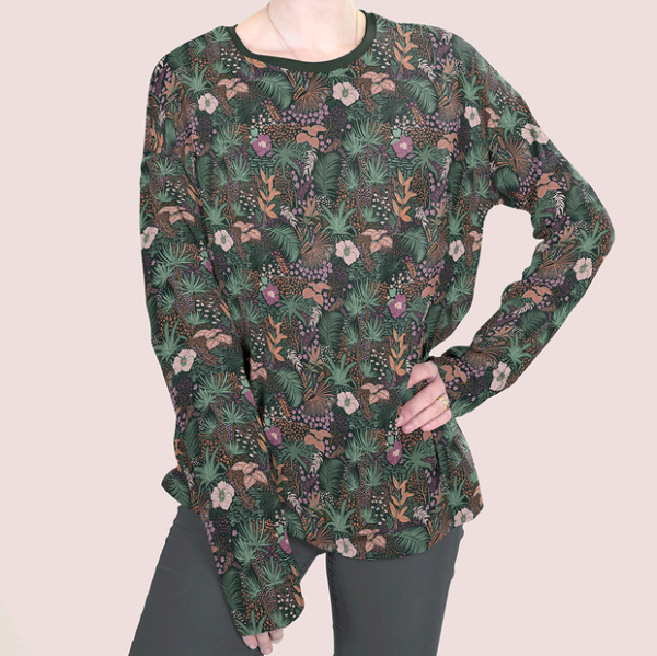 Punto de camiseta de algodón estampada tropicana flor lila