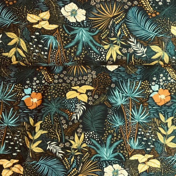 Punto de camiseta de algodón estampada tropicana flor ocre fondo verde
