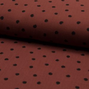 Tela de muselina de algodón 100x100 con dots en negro fondo color cobre