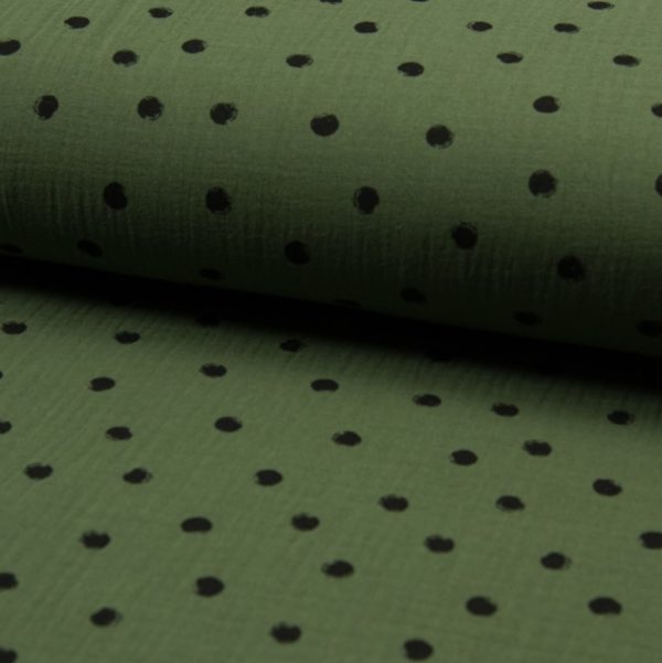 Tela de muselina de algodón 100x100 con dots en negro fondo color verde caqui