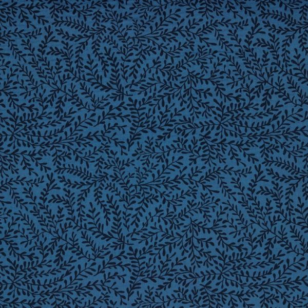 Tela de muselina de algodón GOTS con estampado con ramas en fondo azul