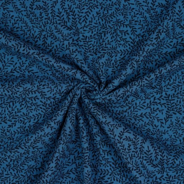 Tela de muselina de algodón GOTS con estampado con ramas en fondo azul