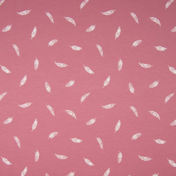 Punto de camiseta de algodón estampada plumas blancas fondo rosa
