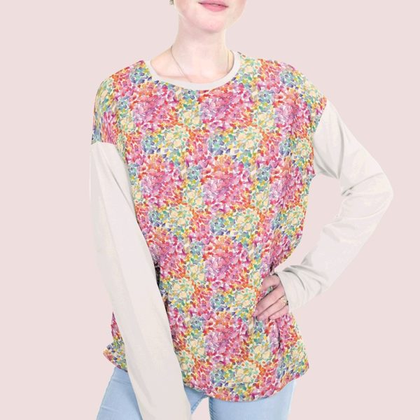 Tela de punto de camiseta de algodón orgánico tipo Jersey estampado con hortensias en pinceladas