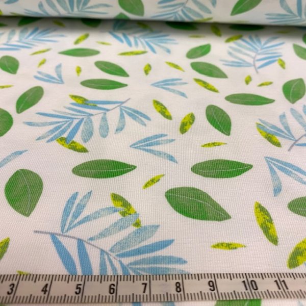 Tela de punto de camiseta de algodón orgánico tipo Jersey estampado con hojas y ramas fondo blanco