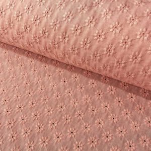 Algodón bordado perforado, tejido fresco, fino y delicado con flores bordadas en color rosa