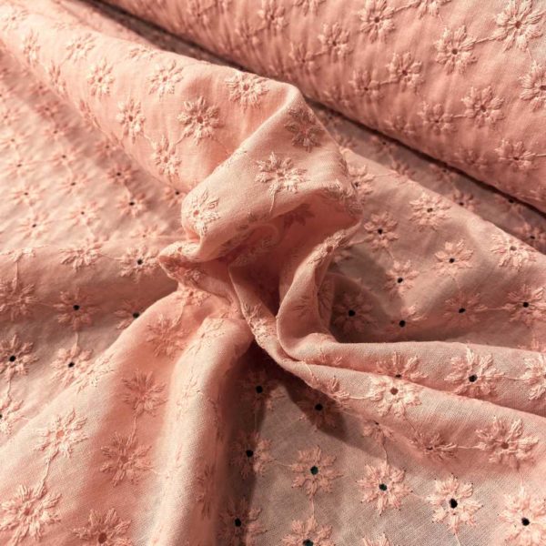 Algodón bordado perforado, tejido fresco, fino y delicado con flores bordadas en color rosa