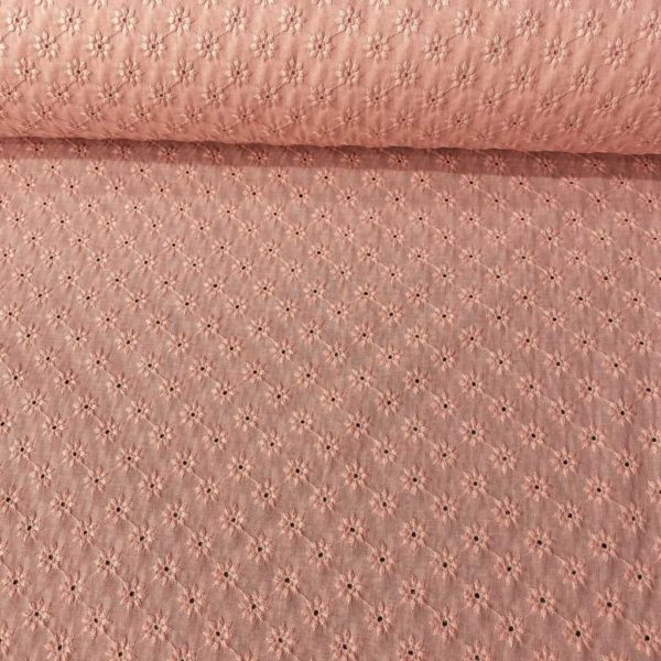 Algodón bordado perforado, tejido fresco, fino y delicado con flores bordadas en color rosa