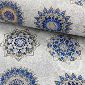 Loneta estampada de 2,80 m de ancho con flor de mandala fondo gris