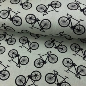 Punto de camiseta estampada tipo Jersey con bicicletas negras fondo gris verdoso