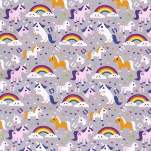 Punto de camiseta estampada tipo Jersey con caballos, unicornios, herraduras y arcoíris fondo gris