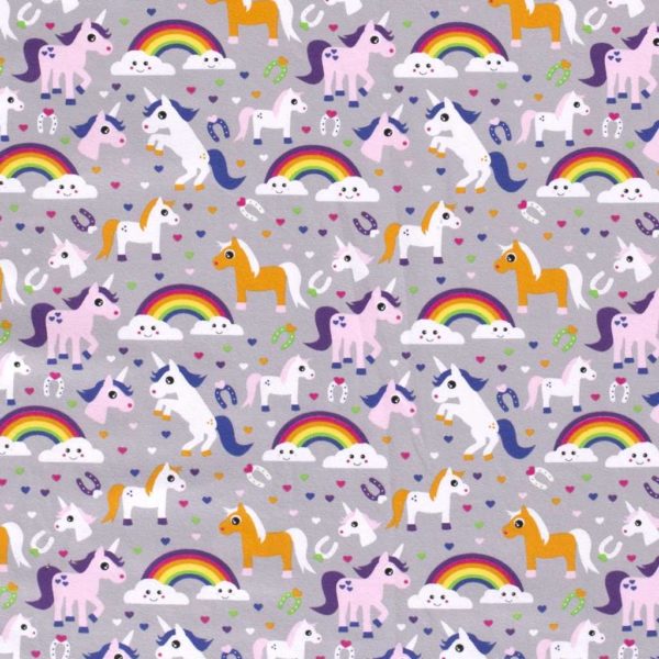 Punto de camiseta estampada tipo Jersey con caballos, unicornios, herraduras y arcoíris fondo gris