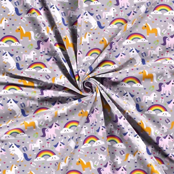 Punto de camiseta estampada tipo Jersey con caballos, unicornios, herraduras y arcoíris fondo gris