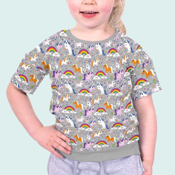 Punto de camiseta estampada tipo Jersey con caballos, unicornios, herraduras y arcoíris fondo gris