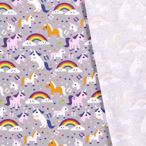 Punto de camiseta estampada tipo Jersey con caballos, unicornios, herraduras y arcoíris fondo gris