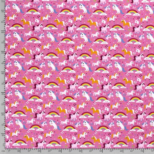 Punto de camiseta estampada tipo Jersey con caballos, unicornios, herraduras y arcoíris fondo rosa