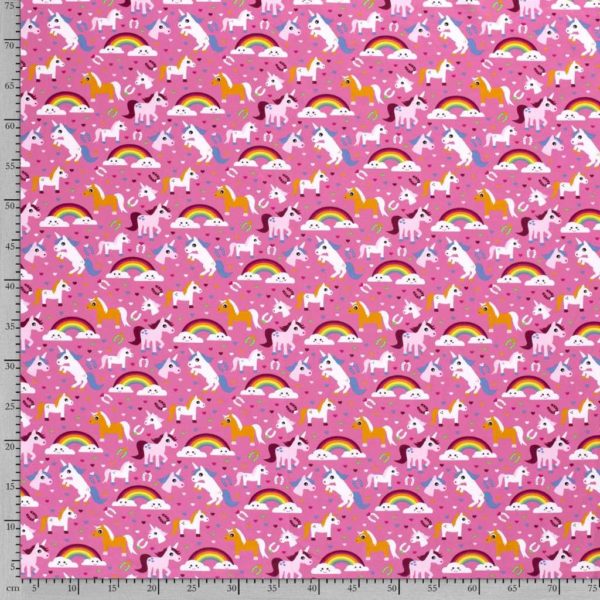 Punto de camiseta estampada tipo Jersey con caballos, unicornios, herraduras y arcoíris fondo rosa