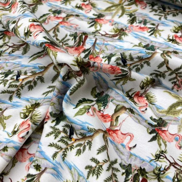 Punto de camiseta estampada tipo Jersey con flamencos y palmeras