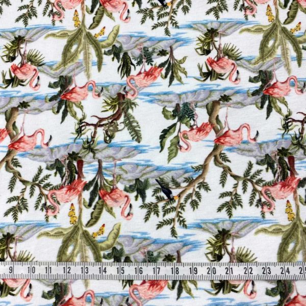 Punto de camiseta estampada tipo Jersey con flamencos y palmeras