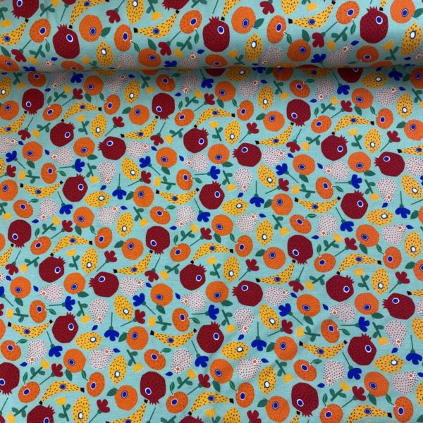 Punto de camiseta estampada tipo Jersey con frutas fondo mint