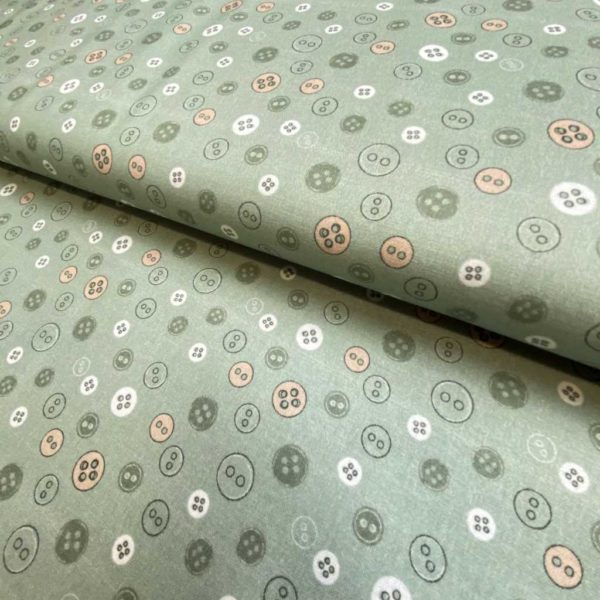 Algodón popelín de algodón 100% para creatividades de patchwork con estampado de botones fondo verde